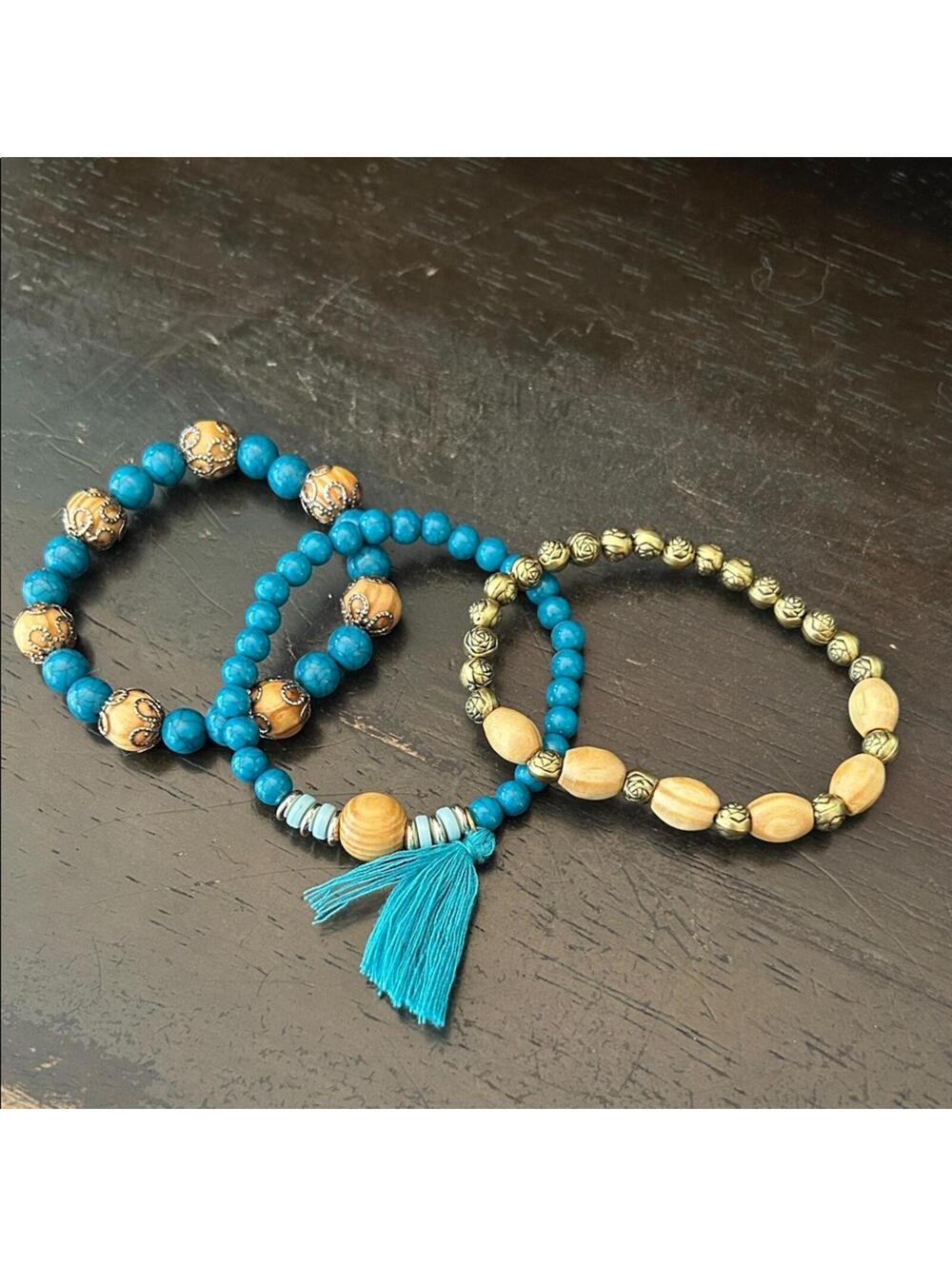 Teal and Gold Beaded Bracelet Trio